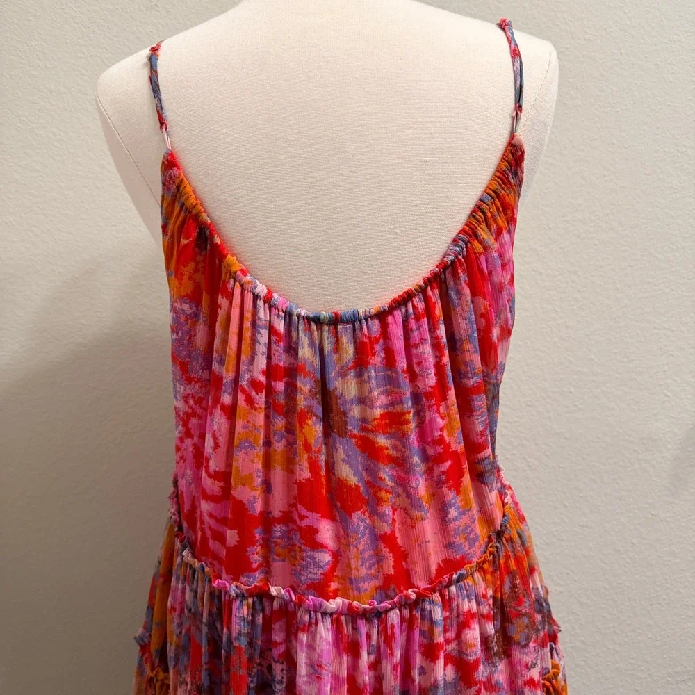 Free People Julianna Maxi Dress Small Red Floral Tiered Chiffon Sheer Boho Chic